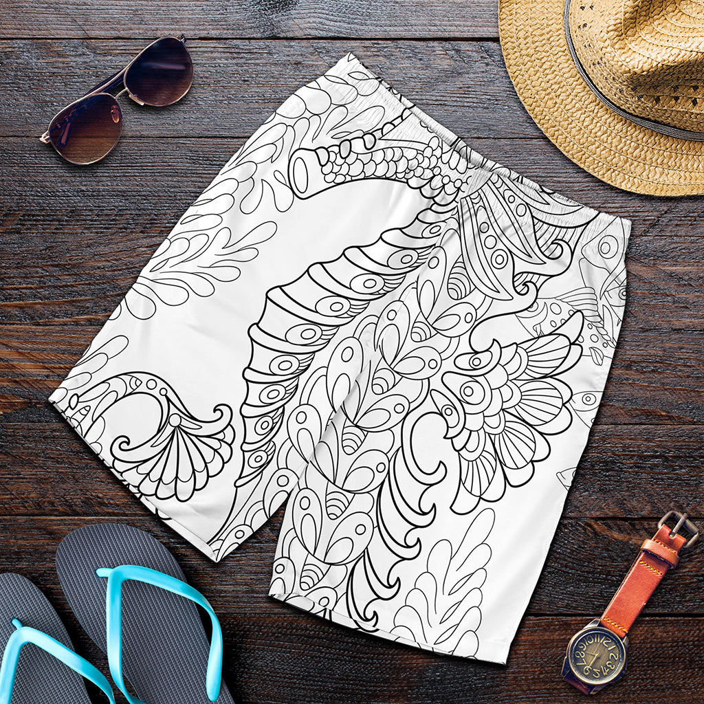 Black And White Seahorse Print Men's Shorts