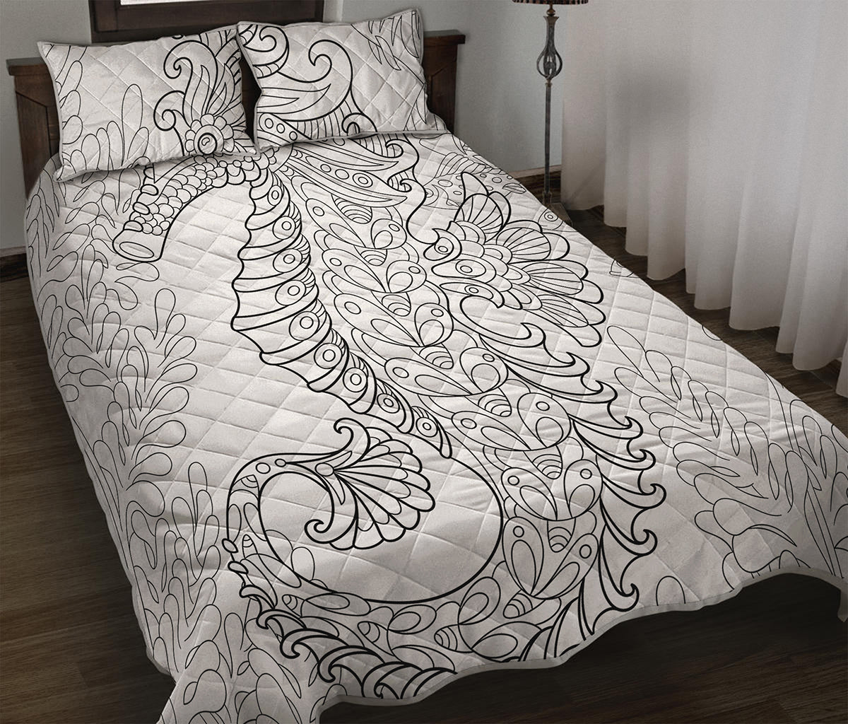 Black And White Seahorse Print Quilt Bed Set