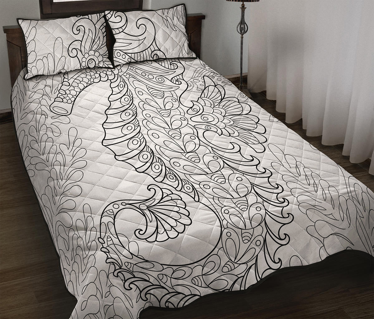 Black And White Seahorse Print Quilt Bed Set