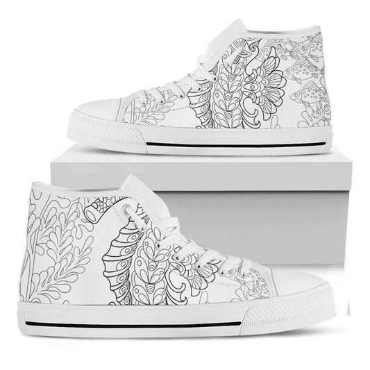 Black And White Seahorse Print White High Top Shoes