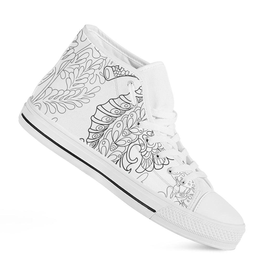 Black And White Seahorse Print White High Top Shoes