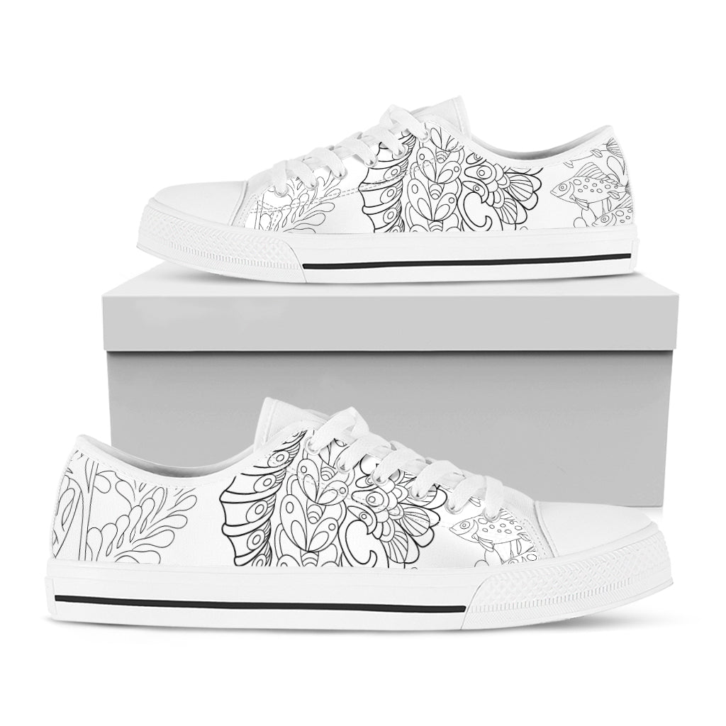 Black And White Seahorse Print White Low Top Shoes