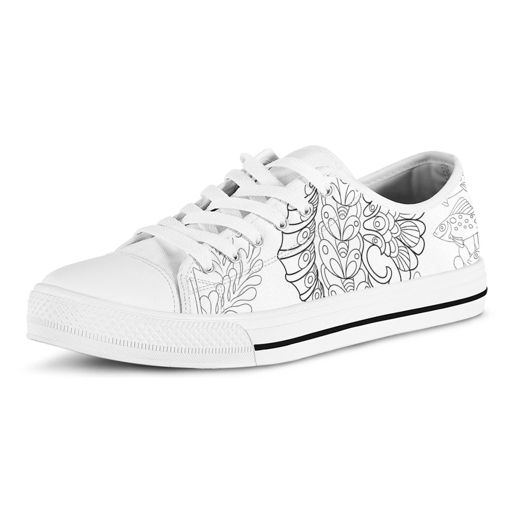 Black And White Seahorse Print White Low Top Shoes
