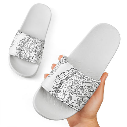 Black And White Seahorse Print White Slide Sandals