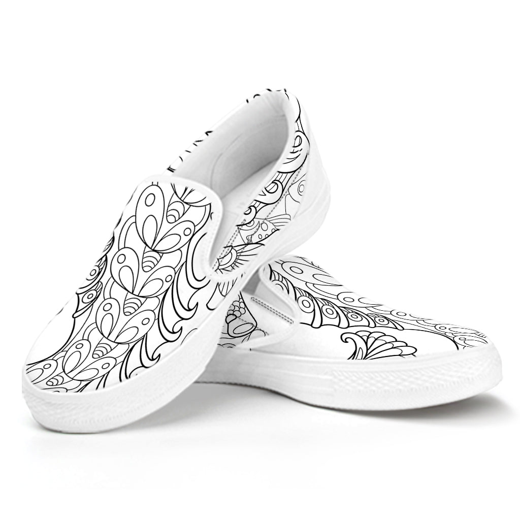Black And White Seahorse Print White Slip On Shoes