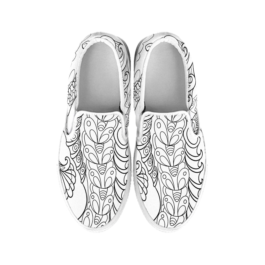Black And White Seahorse Print White Slip On Shoes