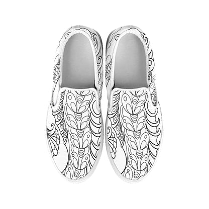 Black And White Seahorse Print White Slip On Shoes