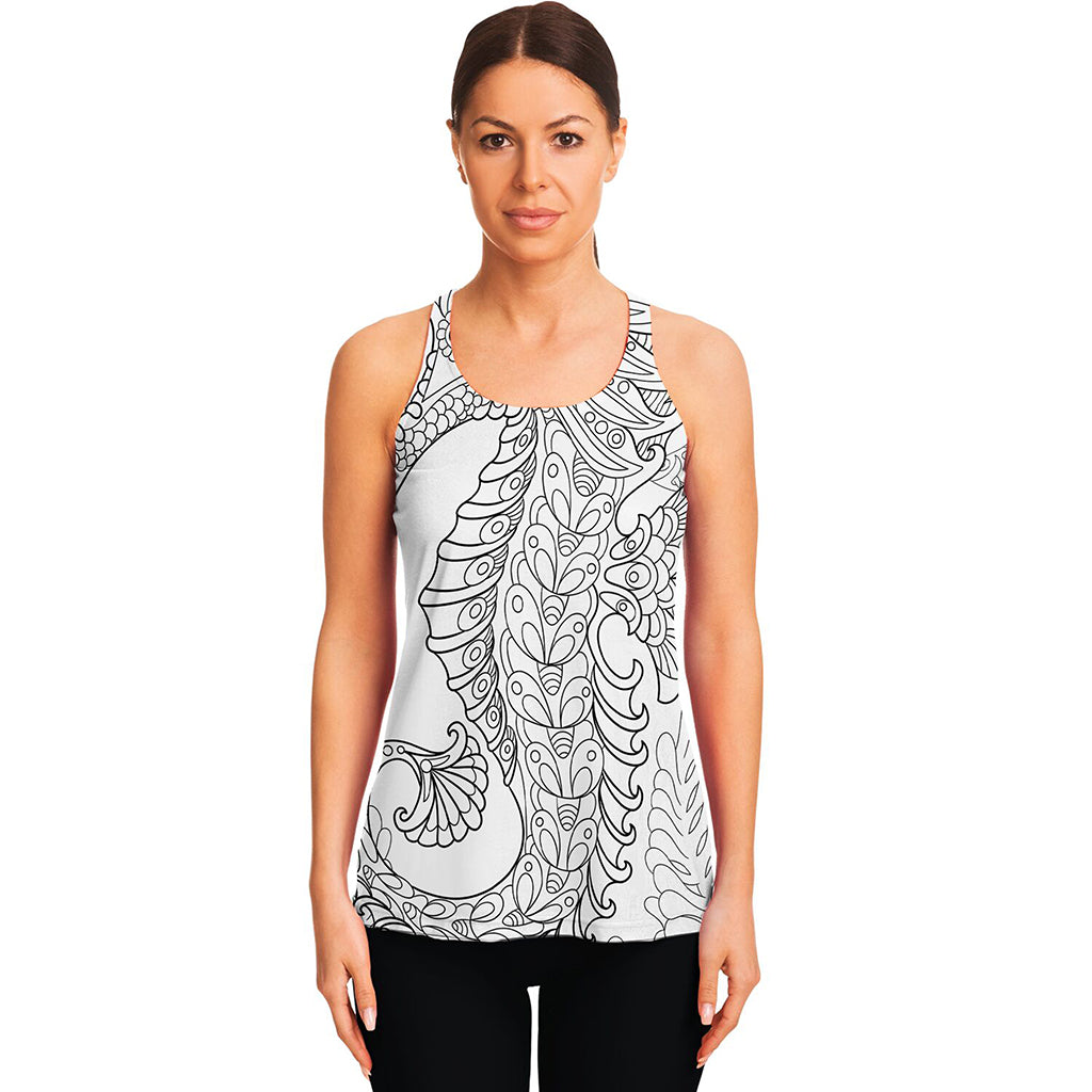 Black And White Seahorse Print Women's Racerback Tank Top