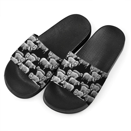 Black And White Sheep Pattern Print Black Slide Sandals