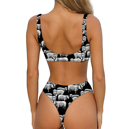 Black And White Sheep Pattern Print Front Bow Tie Bikini