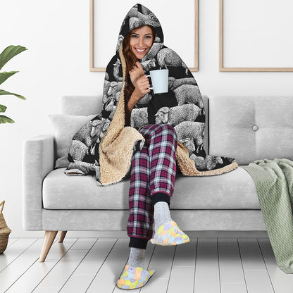 Black And White Sheep Pattern Print Hooded Blanket