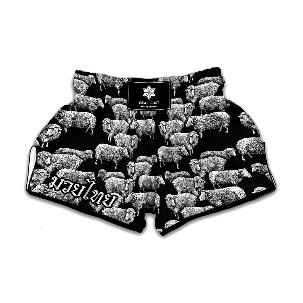 Black And White Sheep Pattern Print Muay Thai Boxing Shorts