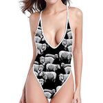 Black And White Sheep Pattern Print One Piece High Cut Swimsuit