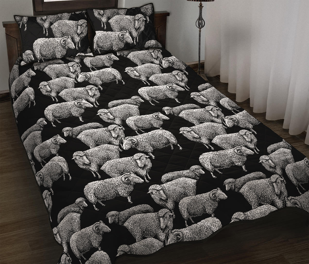 Black And White Sheep Pattern Print Quilt Bed Set