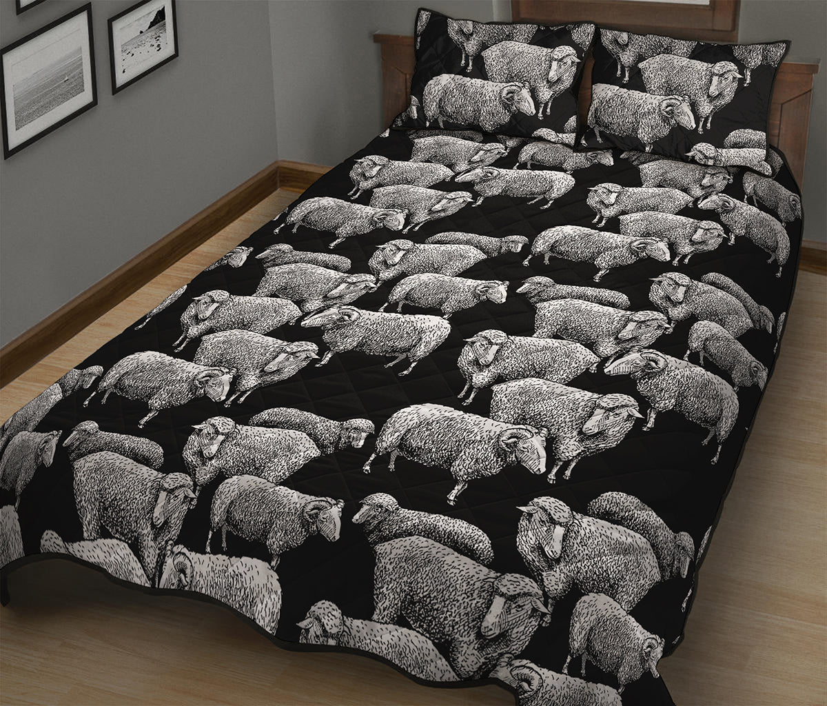 Black And White Sheep Pattern Print Quilt Bed Set