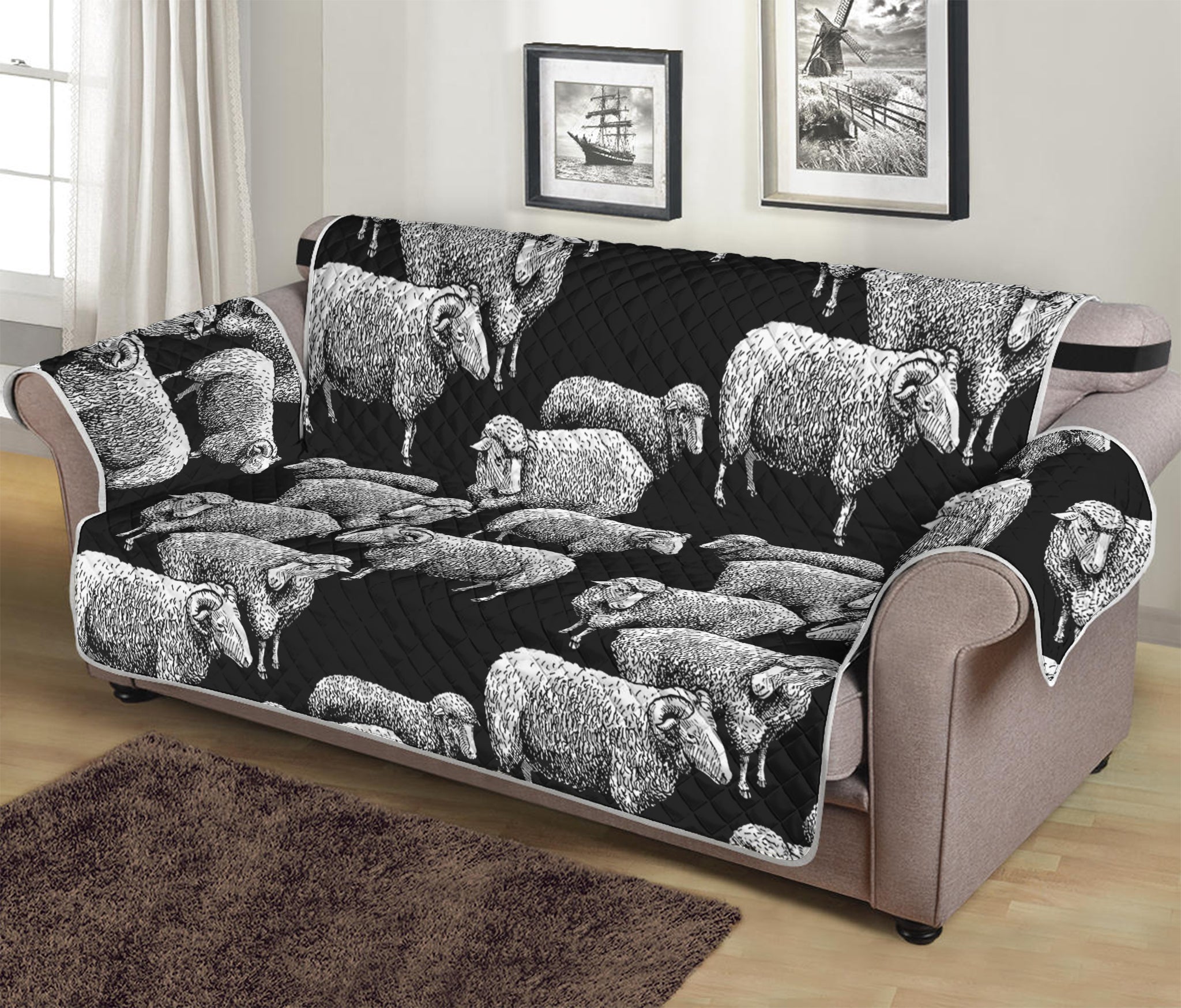 Black And White Sheep Pattern Print Sofa Protector