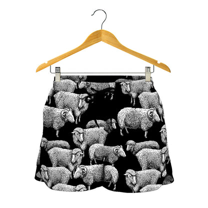 Black And White Sheep Pattern Print Women's Shorts
