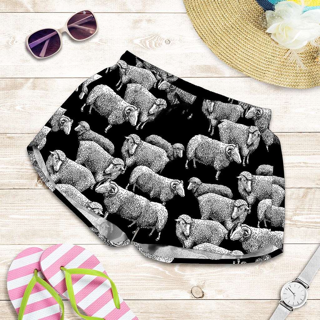 Black And White Sheep Pattern Print Women's Shorts