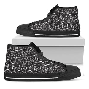 Black And White Skeleton Pattern Print Black High Top Shoes