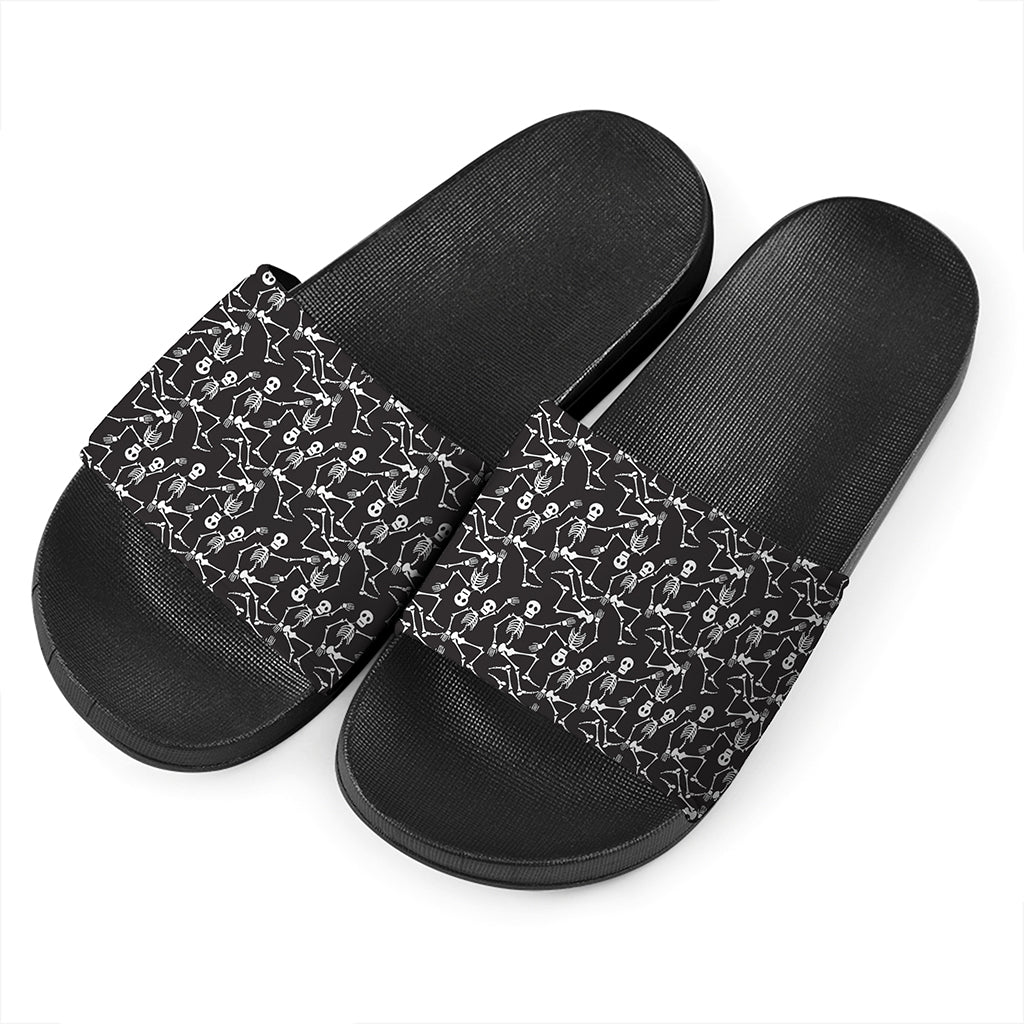 Black And White Skeleton Pattern Print Black Slide Sandals