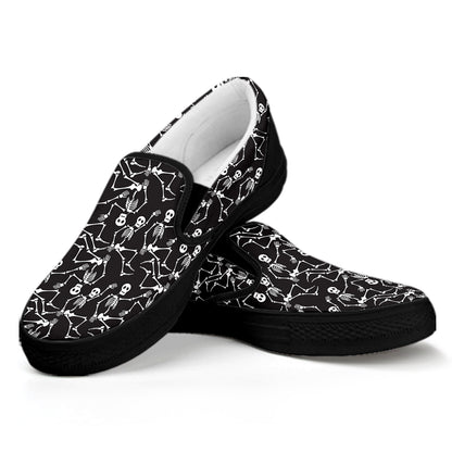Black And White Skeleton Pattern Print Black Slip On Shoes
