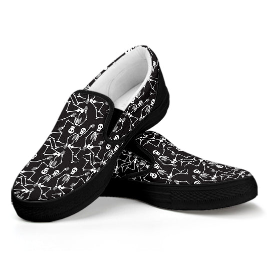 Black And White Skeleton Pattern Print Black Slip On Shoes