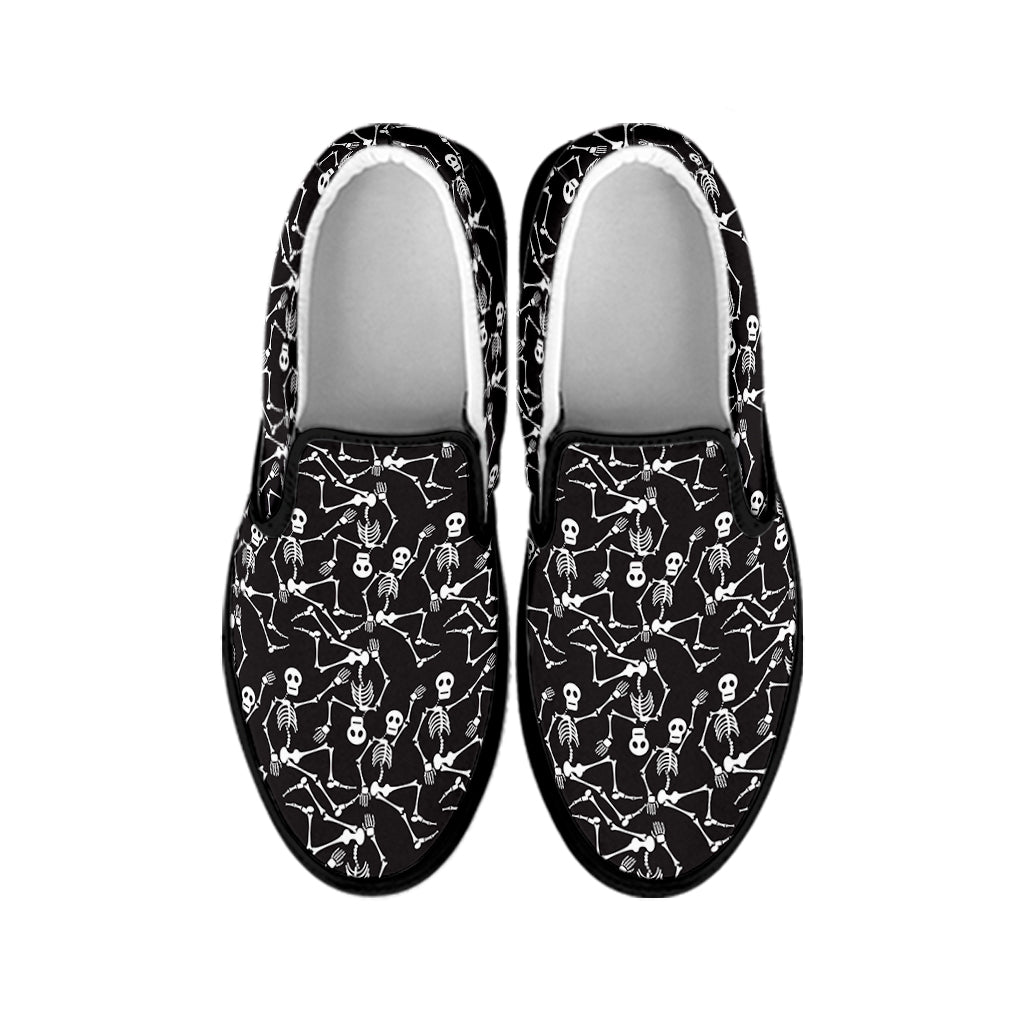 Black And White Skeleton Pattern Print Black Slip On Shoes