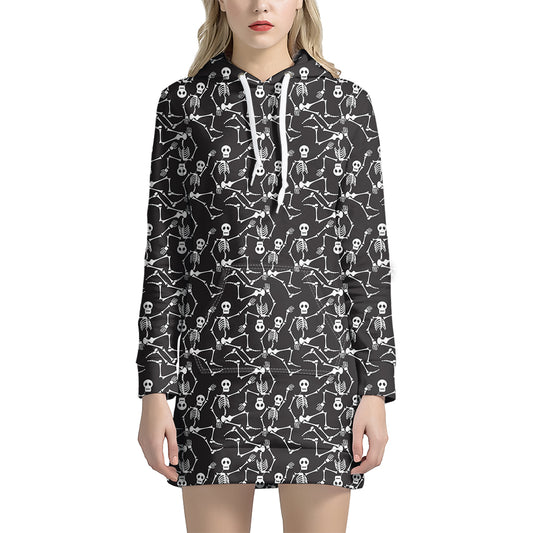 Black And White Skeleton Pattern Print Hoodie Dress