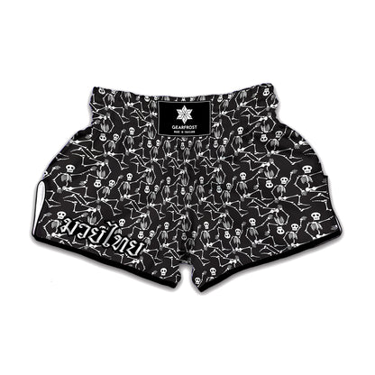 Black And White Skeleton Pattern Print Muay Thai Boxing Shorts