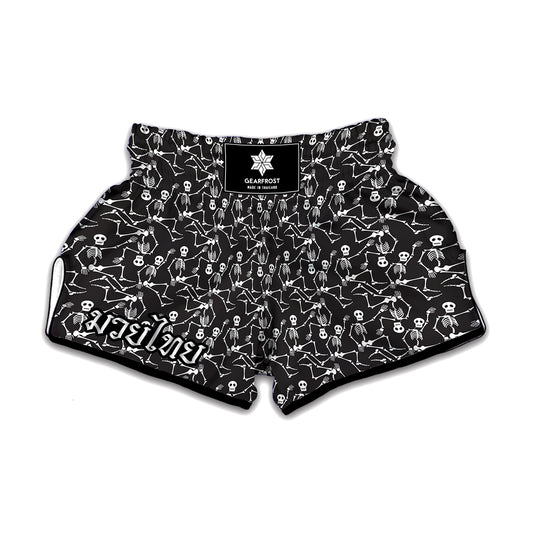 Black And White Skeleton Pattern Print Muay Thai Boxing Shorts
