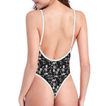 Black And White Skeleton Pattern Print One Piece High Cut Swimsuit