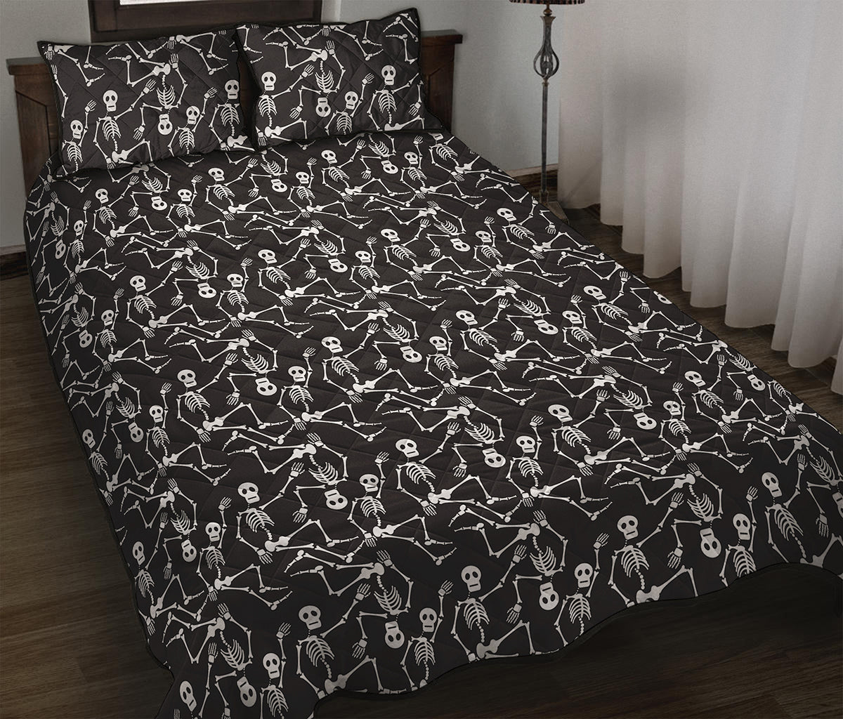 Black And White Skeleton Pattern Print Quilt Bed Set