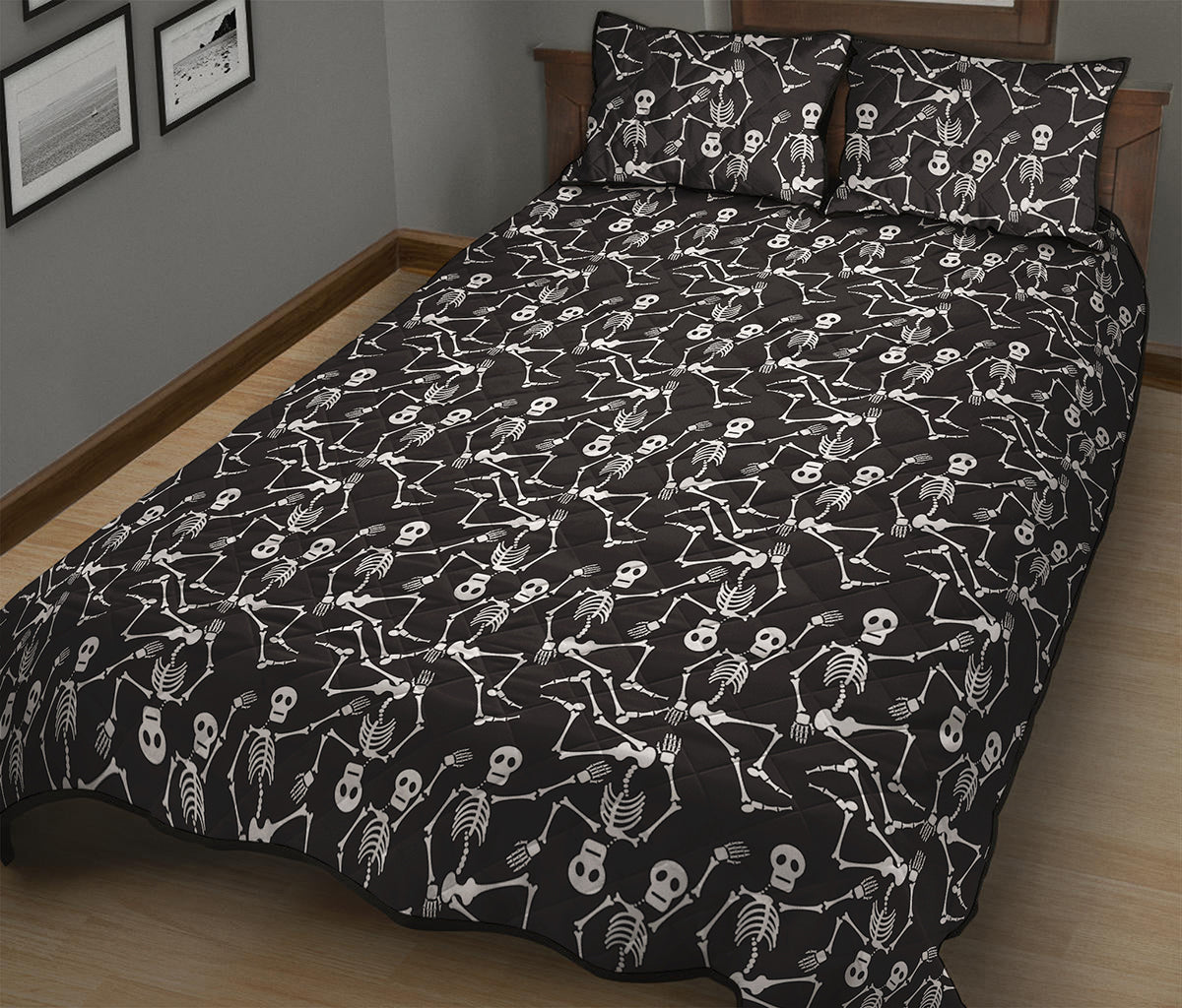 Black And White Skeleton Pattern Print Quilt Bed Set