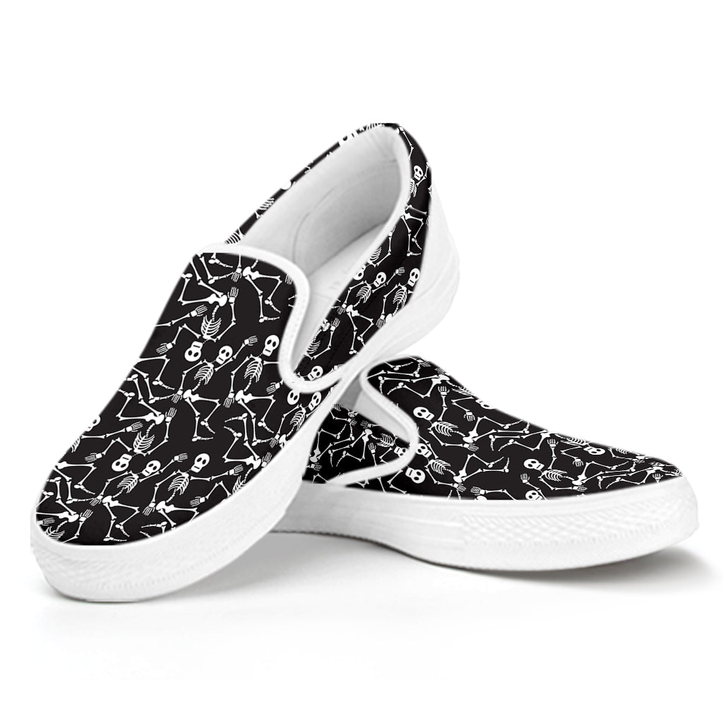 Black And White Skeleton Pattern Print White Slip On Shoes