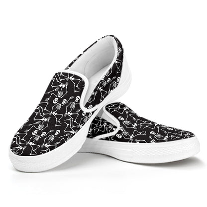 Black And White Skeleton Pattern Print White Slip On Shoes