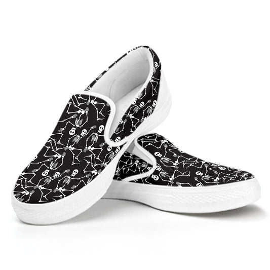 Black And White Skeleton Pattern Print White Slip On Shoes