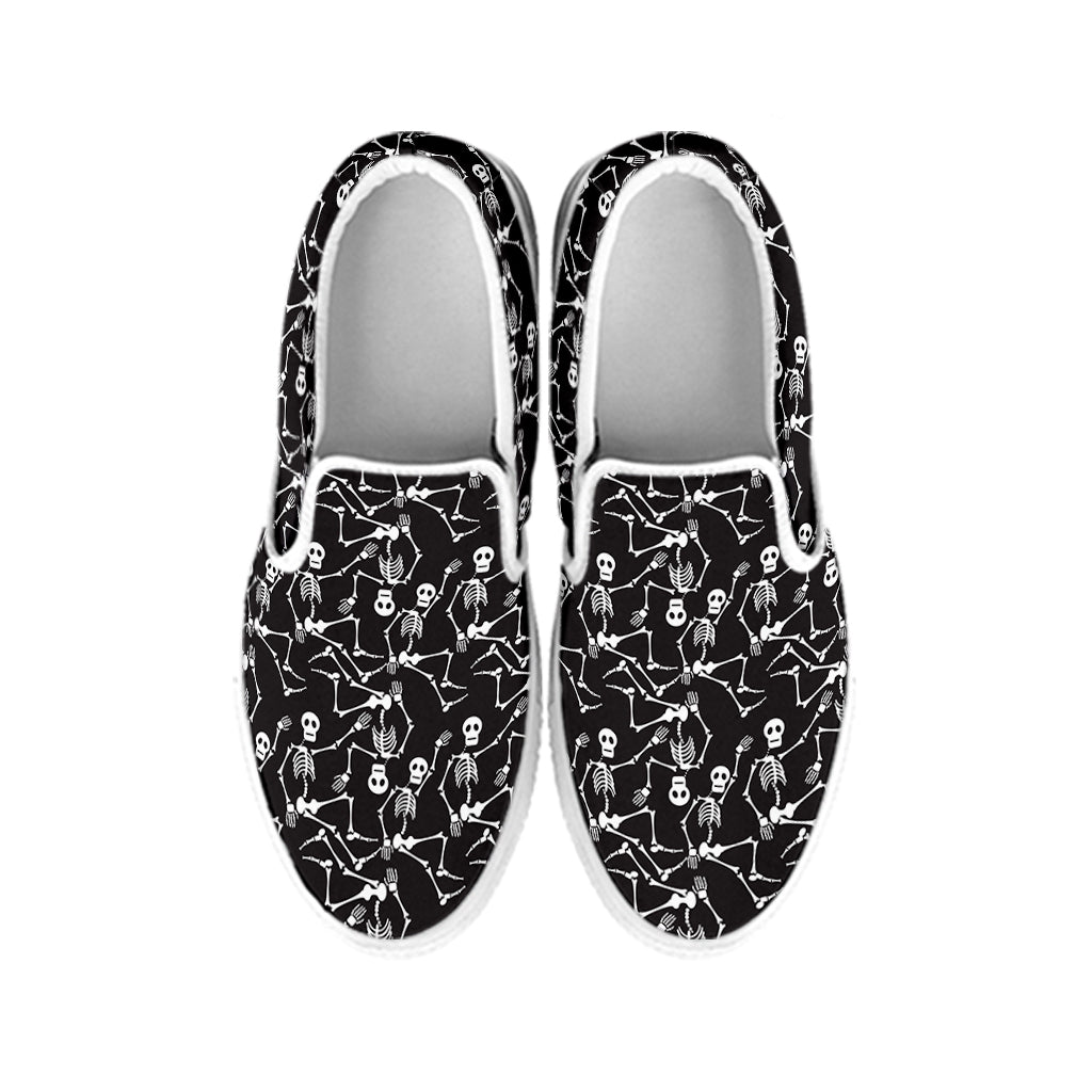 Black And White Skeleton Pattern Print White Slip On Shoes