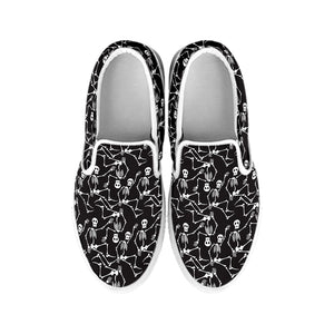 Black And White Skeleton Pattern Print White Slip On Shoes
