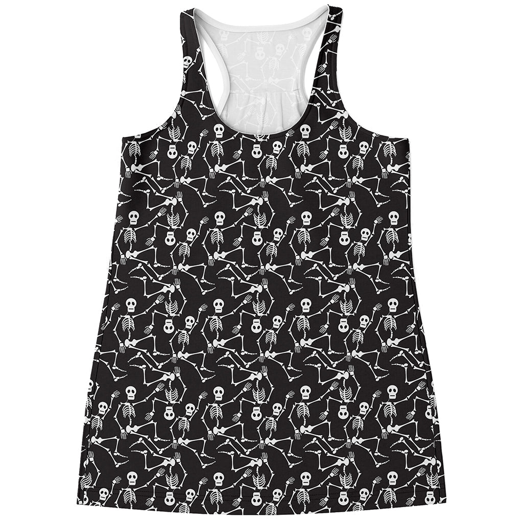 Black And White Skeleton Pattern Print Women's Racerback Tank Top