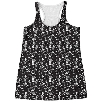 Black And White Skeleton Pattern Print Women's Racerback Tank Top