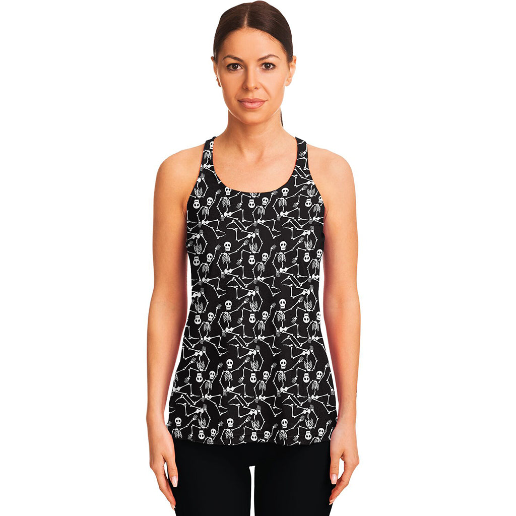 Black And White Skeleton Pattern Print Women's Racerback Tank Top