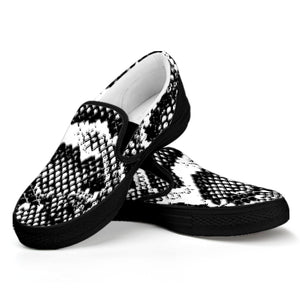 Black And White Snakeskin Print Black Slip On Shoes