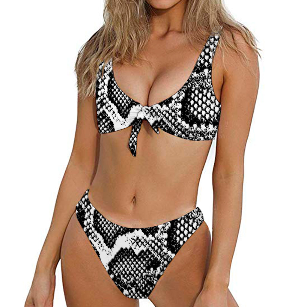 Black And White Snakeskin Print Front Bow Tie Bikini