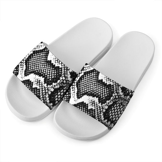 Black And White Snakeskin Print White Slide Sandals
