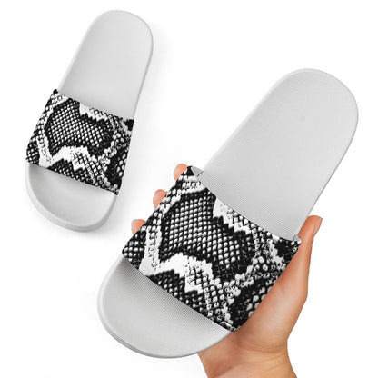 Black And White Snakeskin Print White Slide Sandals
