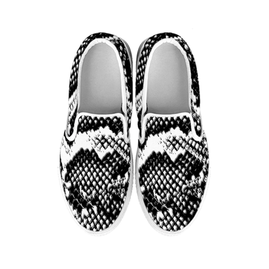 Black And White Snakeskin Print White Slip On Shoes