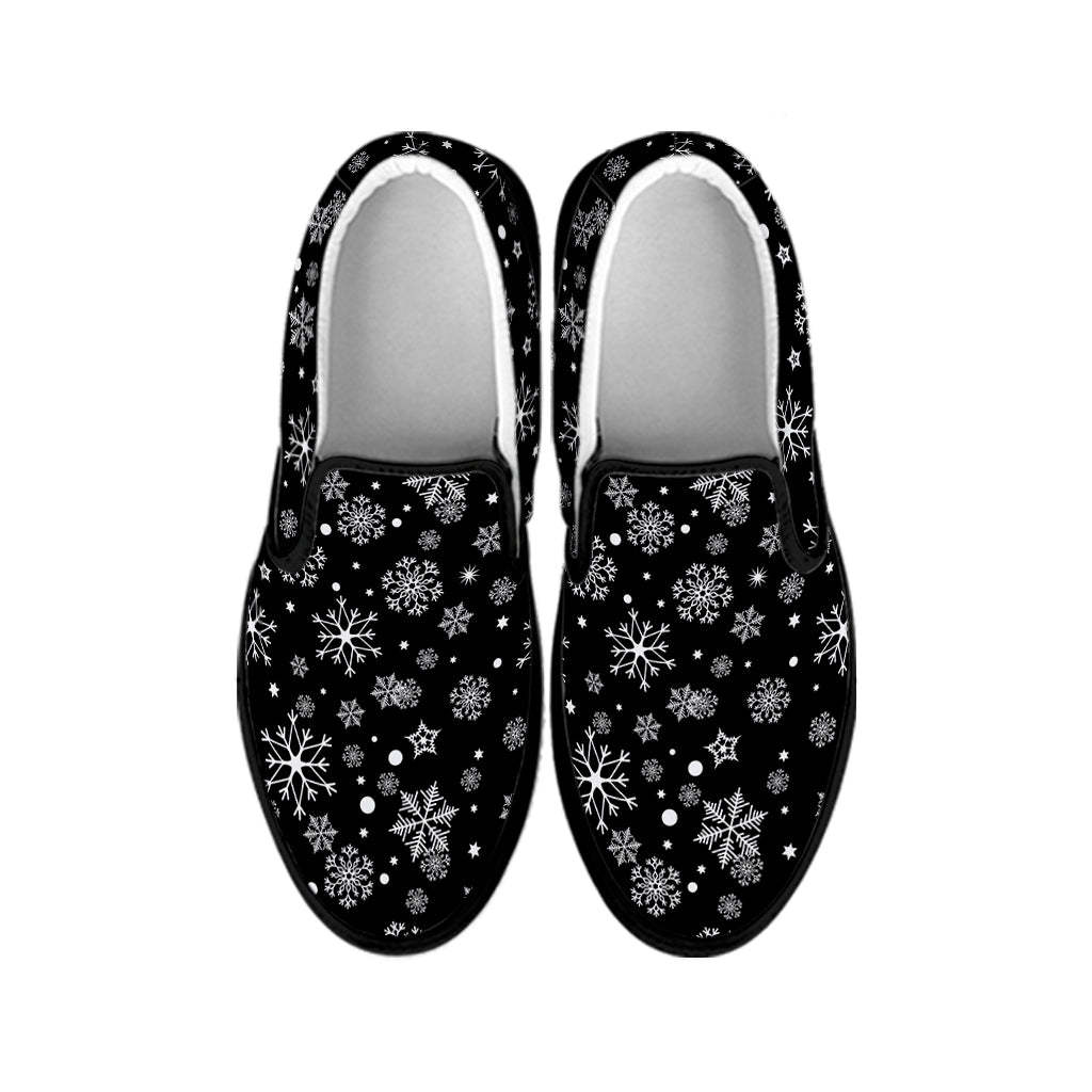 Black And White Snowflake Pattern Print Black Slip On Shoes