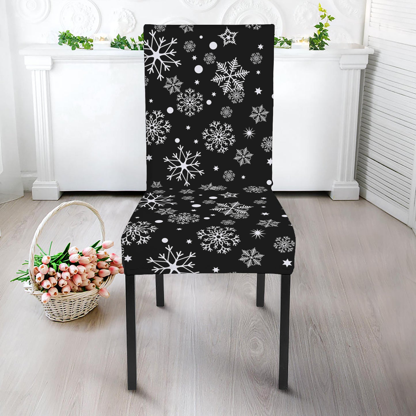 Black And White Snowflake Pattern Print Dining Chair Slipcover