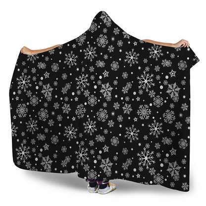 Black And White Snowflake Pattern Print Hooded Blanket