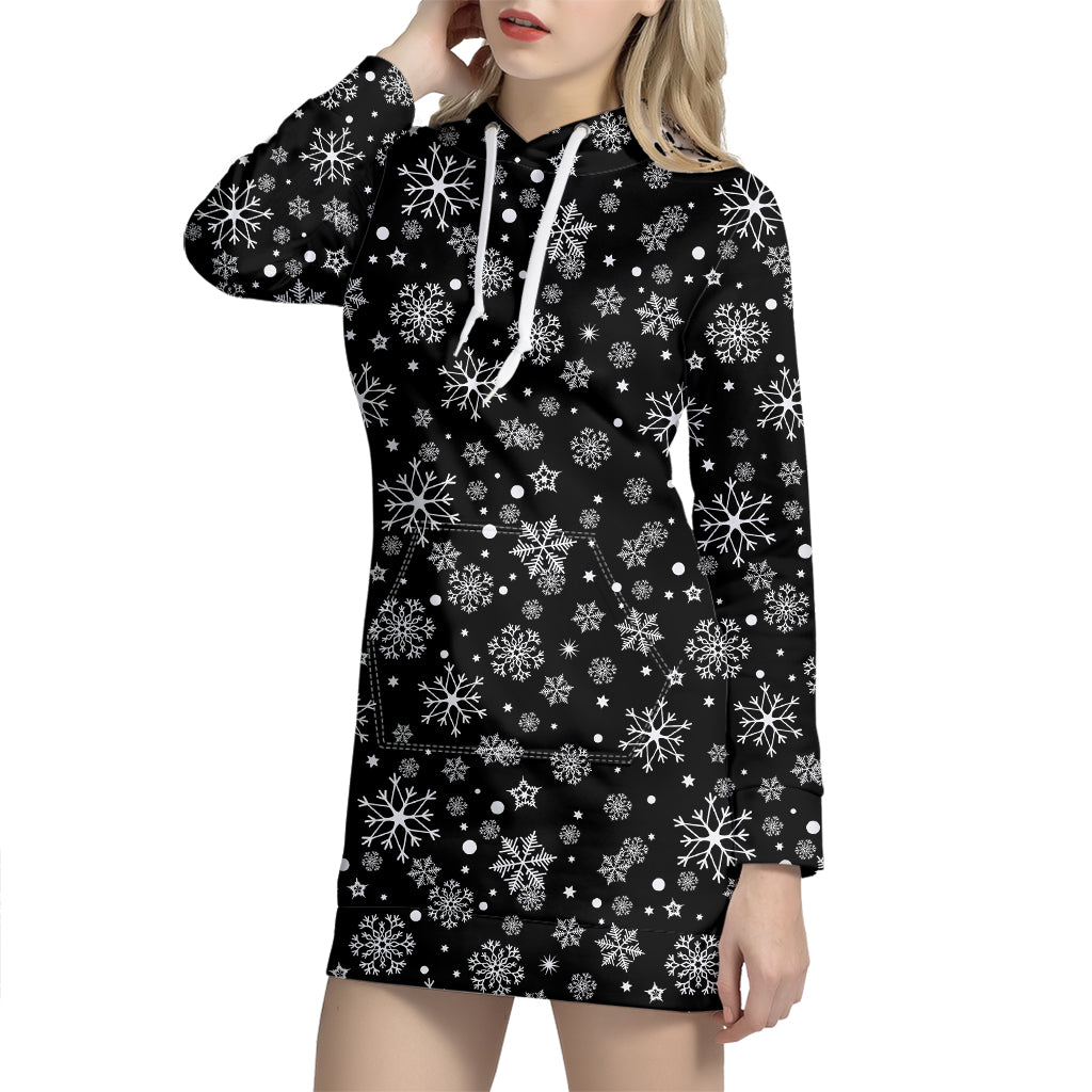 Black And White Snowflake Pattern Print Hoodie Dress